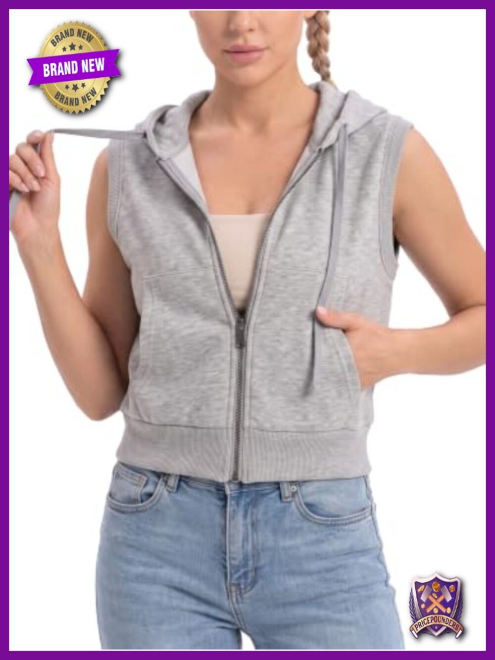 Sleeveless Cropped Full Zip Hooded Sweatshirt Vest with Kangaroo Pockets